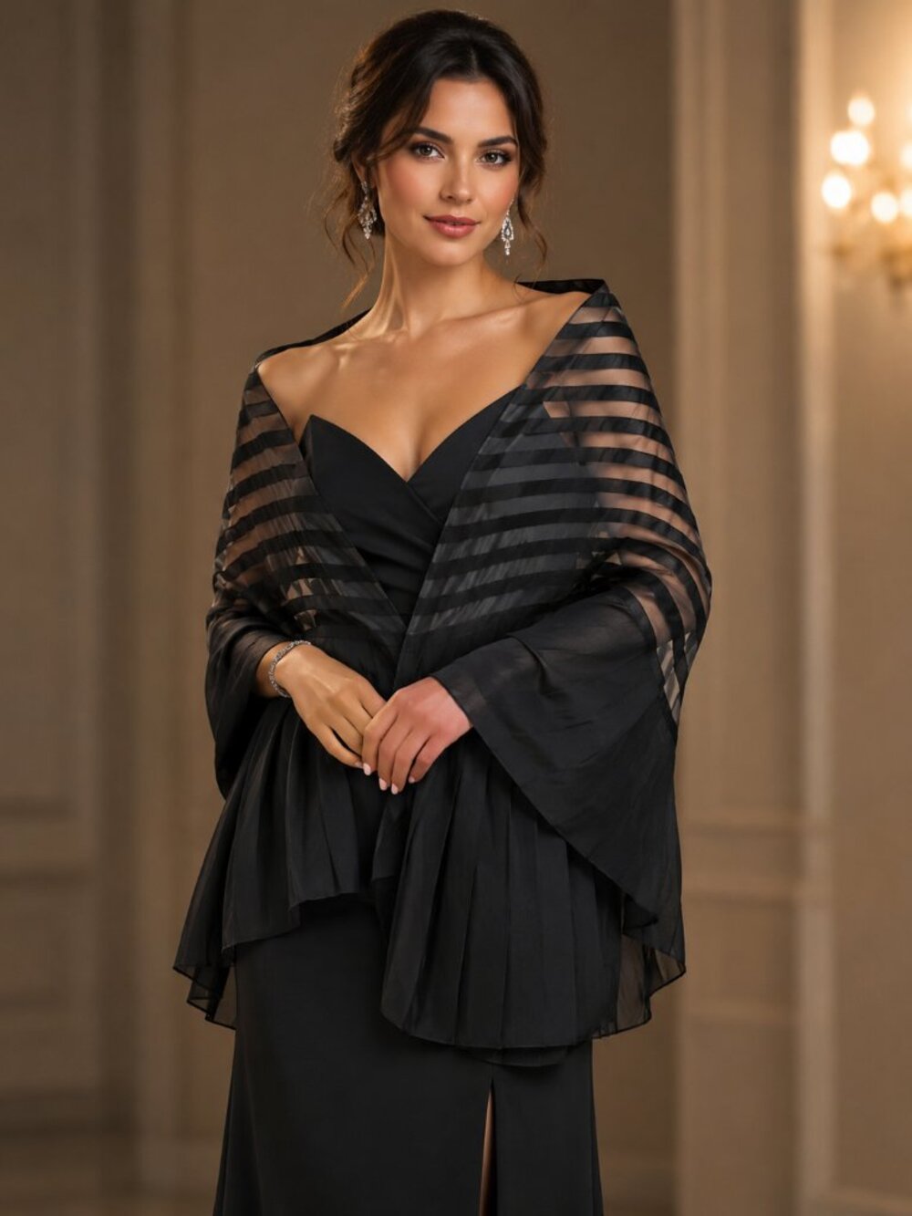Echo Soirée Pleated Wrap Black Sheer Striped Evening Shawl MSRP $149